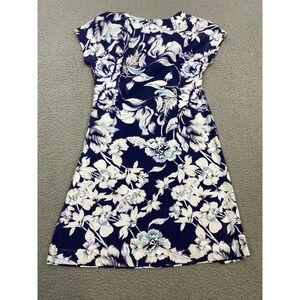 Soft Surroundings Dress Women's Petite Small Blue Knit Floral Faux Wrap V Neck